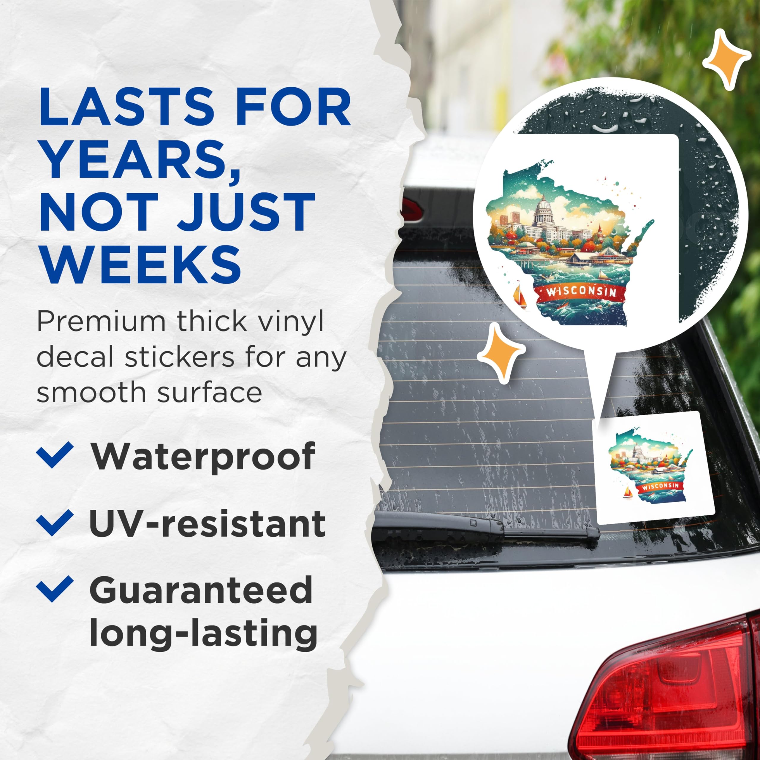 (2 Pack) Wisconsin State Map Stickers - City Landscape - Wisconsin Capitol Building Art - 5" On Longest Side - Sticks to Smooth Flat Surfaces - Made in USA - BMCS5564