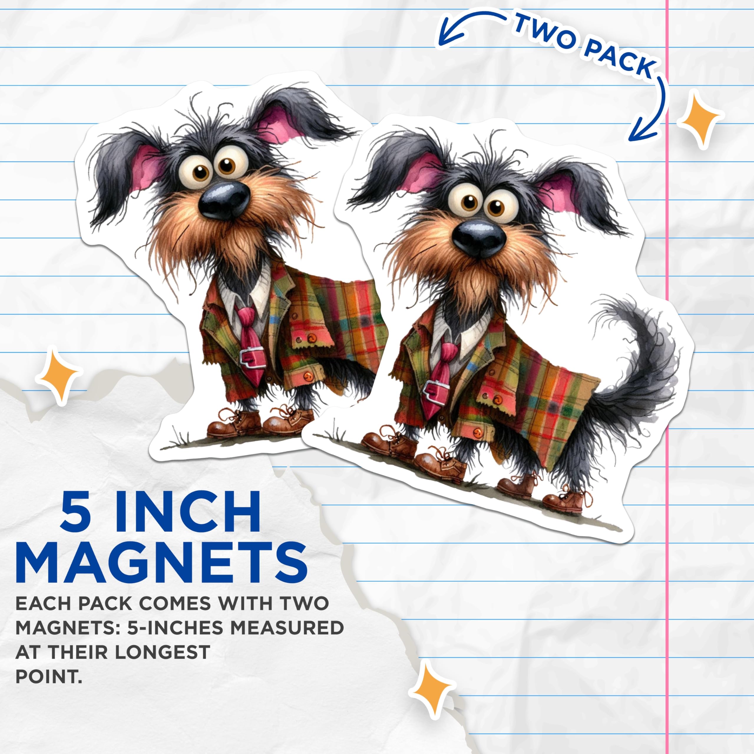 (2 Pack) Whimsical Dog Magnets - Dapper Gentleman Canine - Plaid Jacket Animal Decor - 5 Inches On Longest Side - Thick Durable Magnet - Made in USA - MAG28451