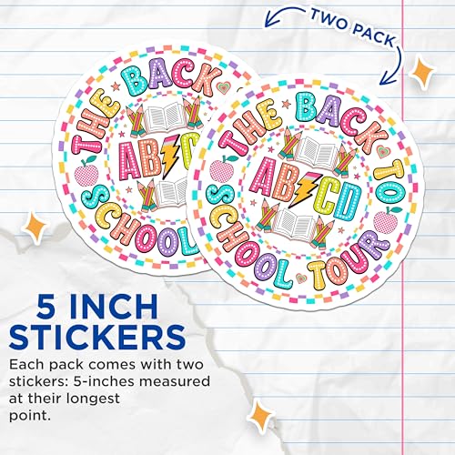 (2 Pack) Back to School Tour Stickers - ABCD Pencil Book - School Supplies Decor - 5" On Longest Side - Sticks to Smooth Flat Surfaces - Made in USA - BMCS9119