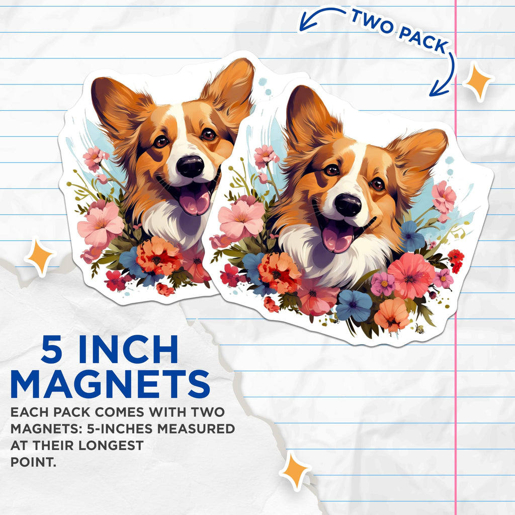(2 Pack) Floral Corgi Magnets - Cute Dog Lover Pet Decor - Happy Puppy Refrigerator Magnets - 5 Inches On Longest Side - Thick Durable Magnet - Made in USA - MAG28689