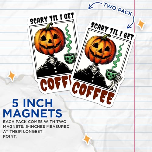 (2 Pack) Pumpkin Head Magnet - Spooky Coffee Lover Decor - 5" On Longest Side - Sticks to Smooth Flat Surfaces - Made in USA - MAG9778