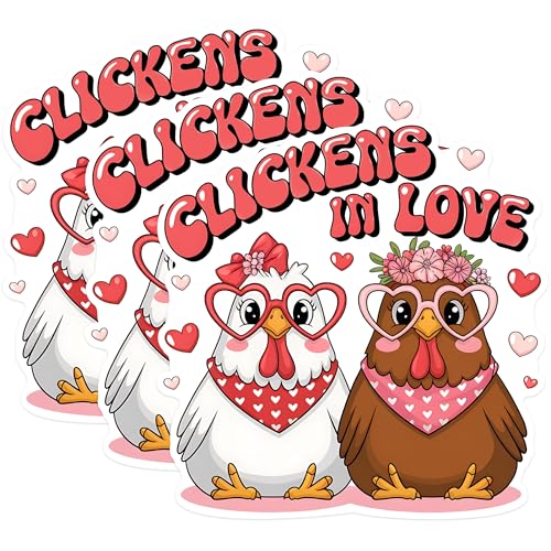 (3 Pack) Chickens in Love Decals - Cute Chicken Sticker - Valentine's Day Decal - 3 Inches On Longest Side - Easy Peel & Apply - Made in USA - 3MCS1836
