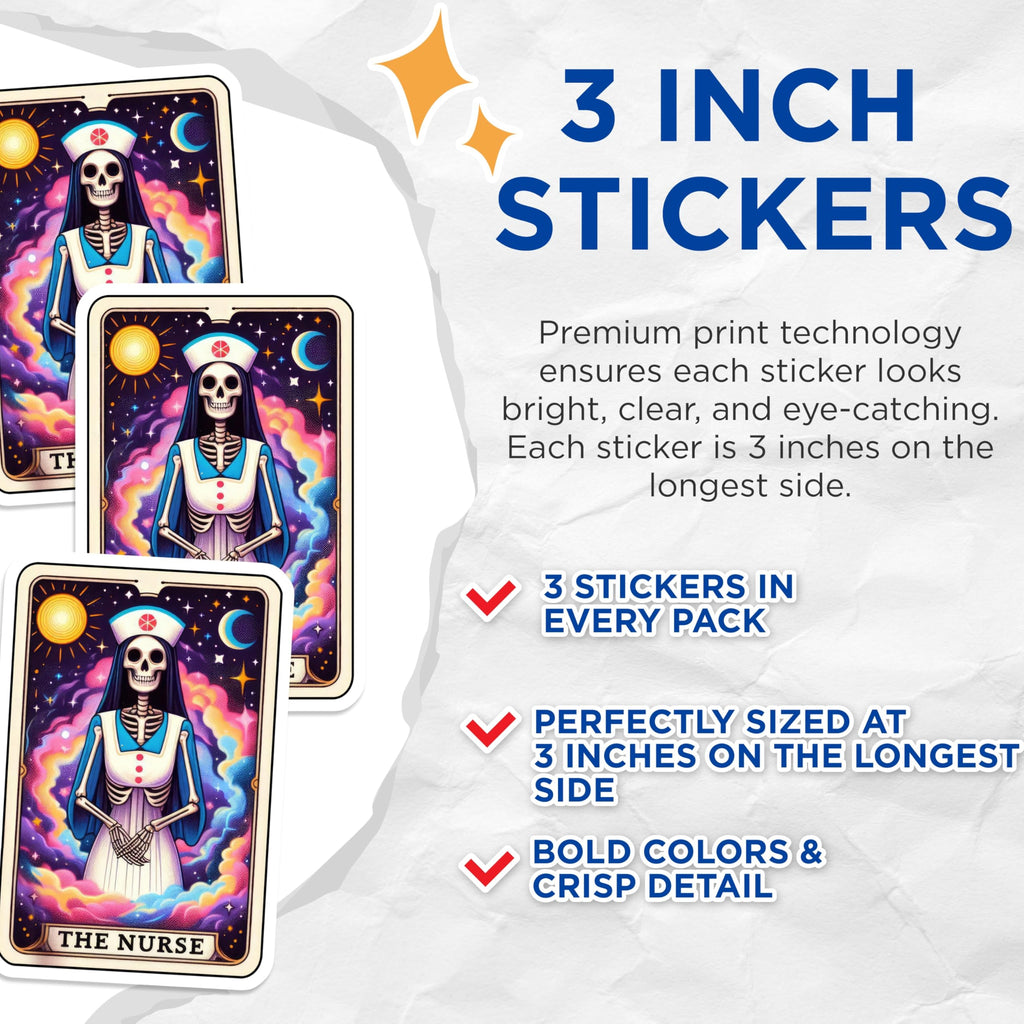 (3 Pack) Nurse Tarot Card Decals - Skeleton Nurse - Halloween Decals - 3 Inches On Longest Side - Easy Peel & Apply - Made in USA - 3MCS4237