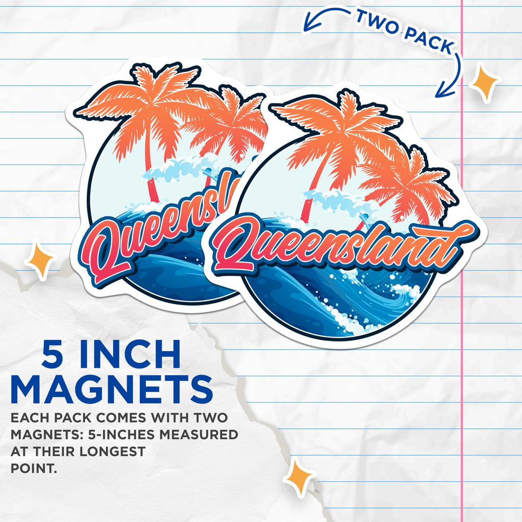 (2 Pack) Queensland Magnets - Vibrant Beach Scene - Palm Tree Ocean Waves - Australian Travel Souvenir - 5 Inches On Longest Side - Thick Durable Magnet - Made in USA - MAG19355