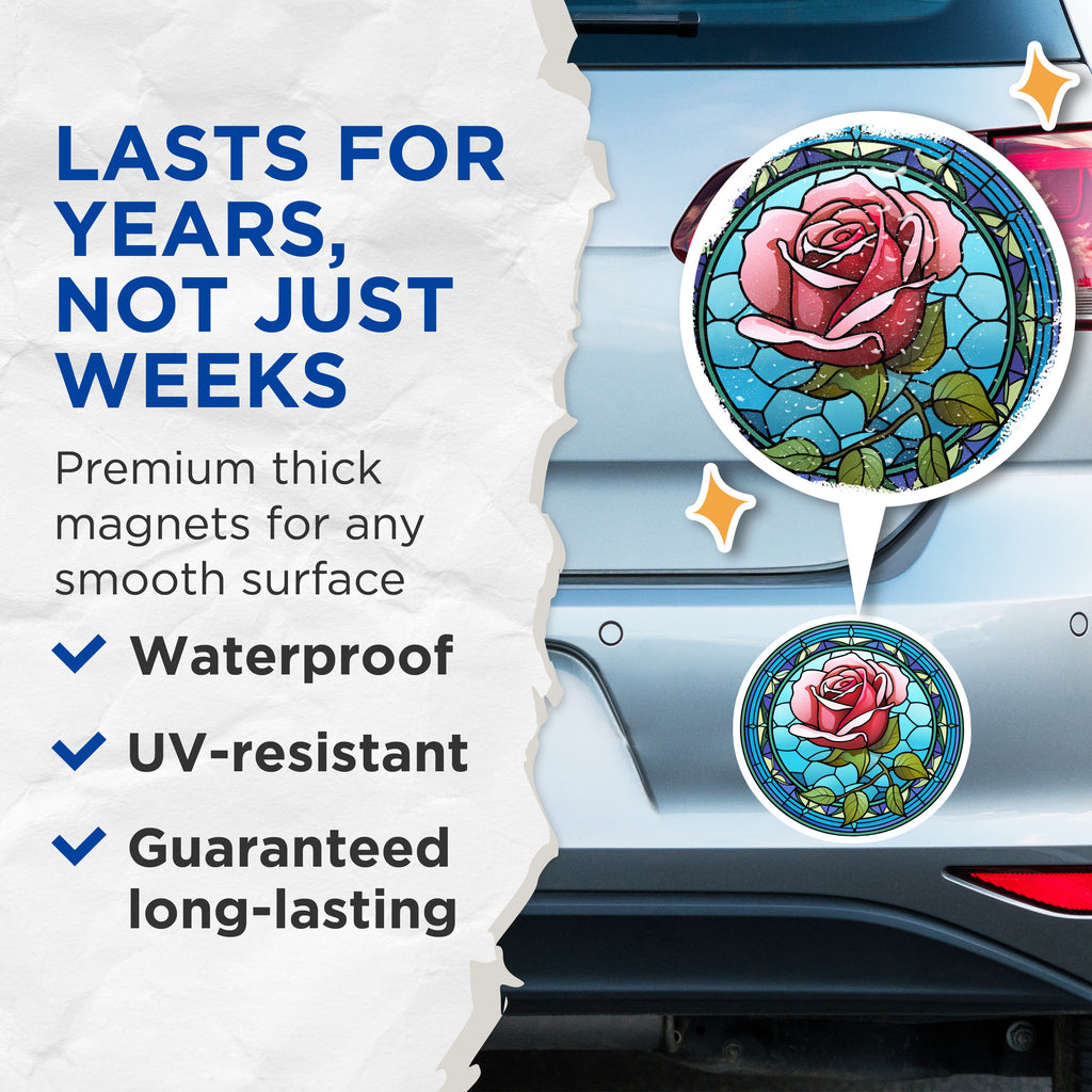 (2 Pack) Stained Glass Rose Magnets - Faux Art Deco Flower Art - Vibrant Floral Fridge Decor - 5 Inches On Longest Side - Thick Durable Magnet - Made in USA - MAG37999