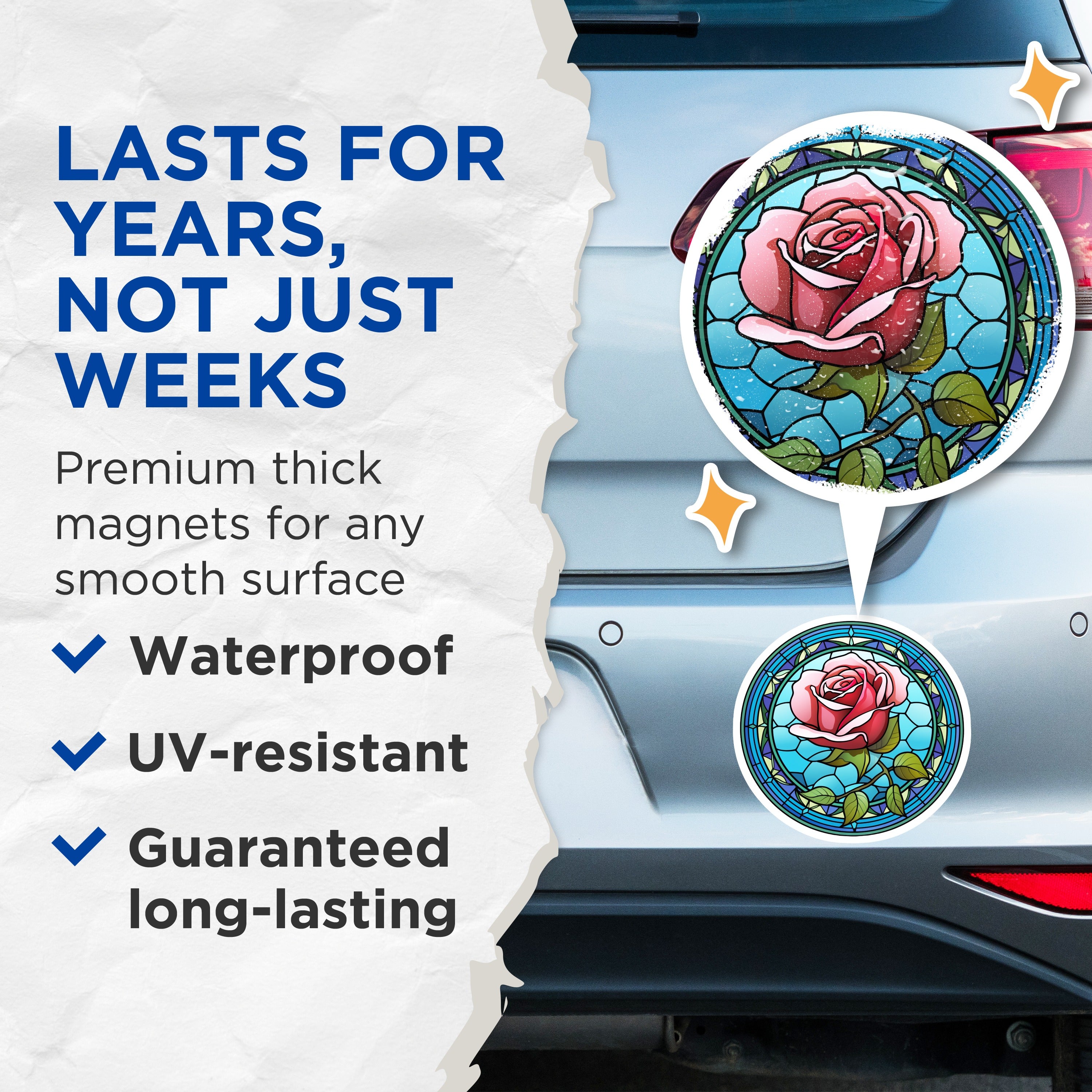 (2 Pack) Stained Glass Rose Magnets - Faux Art Deco Flower Art - Vibrant Floral Fridge Decor - 5 Inches On Longest Side - Thick Durable Magnet - Made in USA - MAG37999