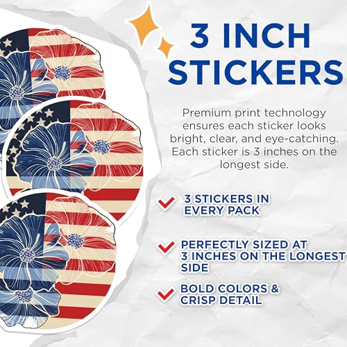 (3 Pack) American Flag Flower Decals - Patriotic Stickers - Laptop Decal - 3 Inches On Longest Side - Easy Peel & Apply - Made in USA - 3MCS7741