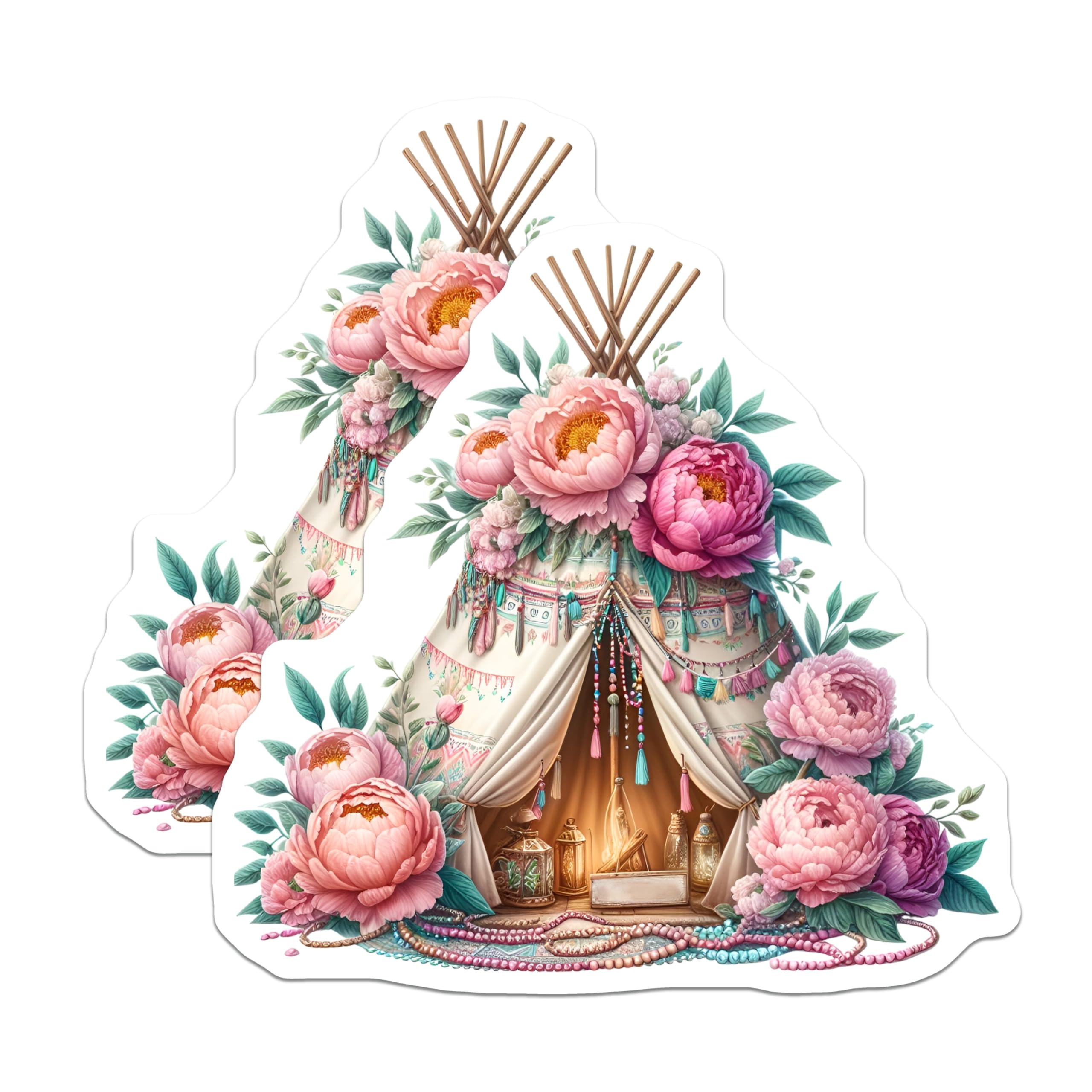 (2 Pack) Boho Flower Teepee Stickers - 5" On Longest Side - Sticks to Smooth Flat Surfaces - Made in USA - BMCS8853 - BMCS8853