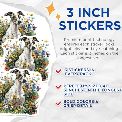 (3 Pack) Whippet Dog Decals - Floral Meadow - Laptop Decal- 3 Inches On Longest Side - Easy Peel & Apply - Made in USA - 3MCS5185