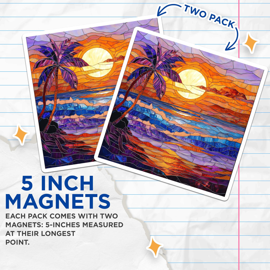 (2 Pack) Stained Glass Sunset Magnets - Tropical Beach Scene - Ocean Palm Tree Art - 5 Inches On Longest Side - Thick Durable Magnet - Made in USA - MAG27744