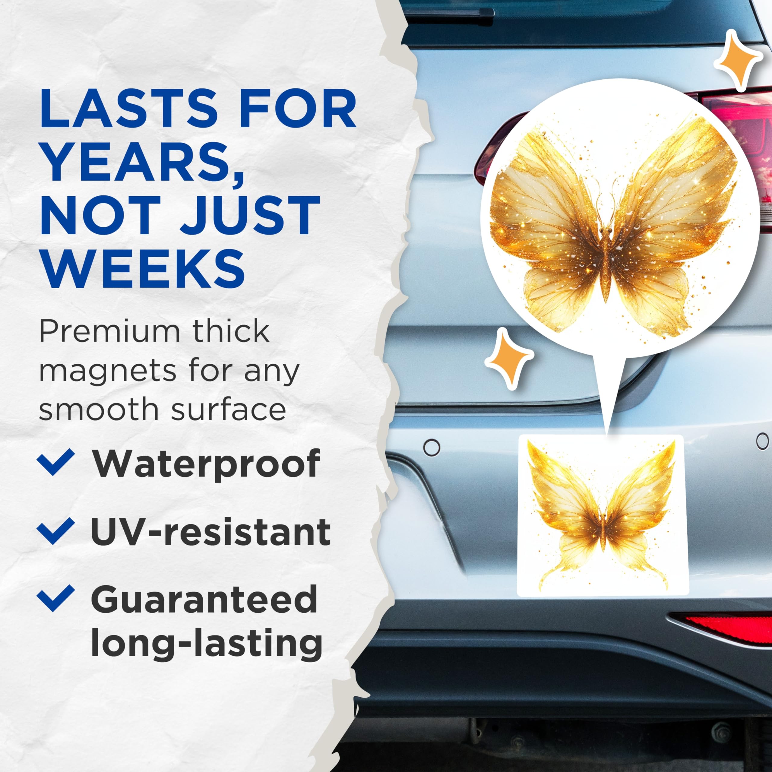 (2 Pack) Golden Glitter Butterfly Magnets - Shimmering Moth Decor - Elegant Ethereal Insect Artistry - 5 Inches On Longest Side - Thick Durable Magnet - Made in USA - MAG24656