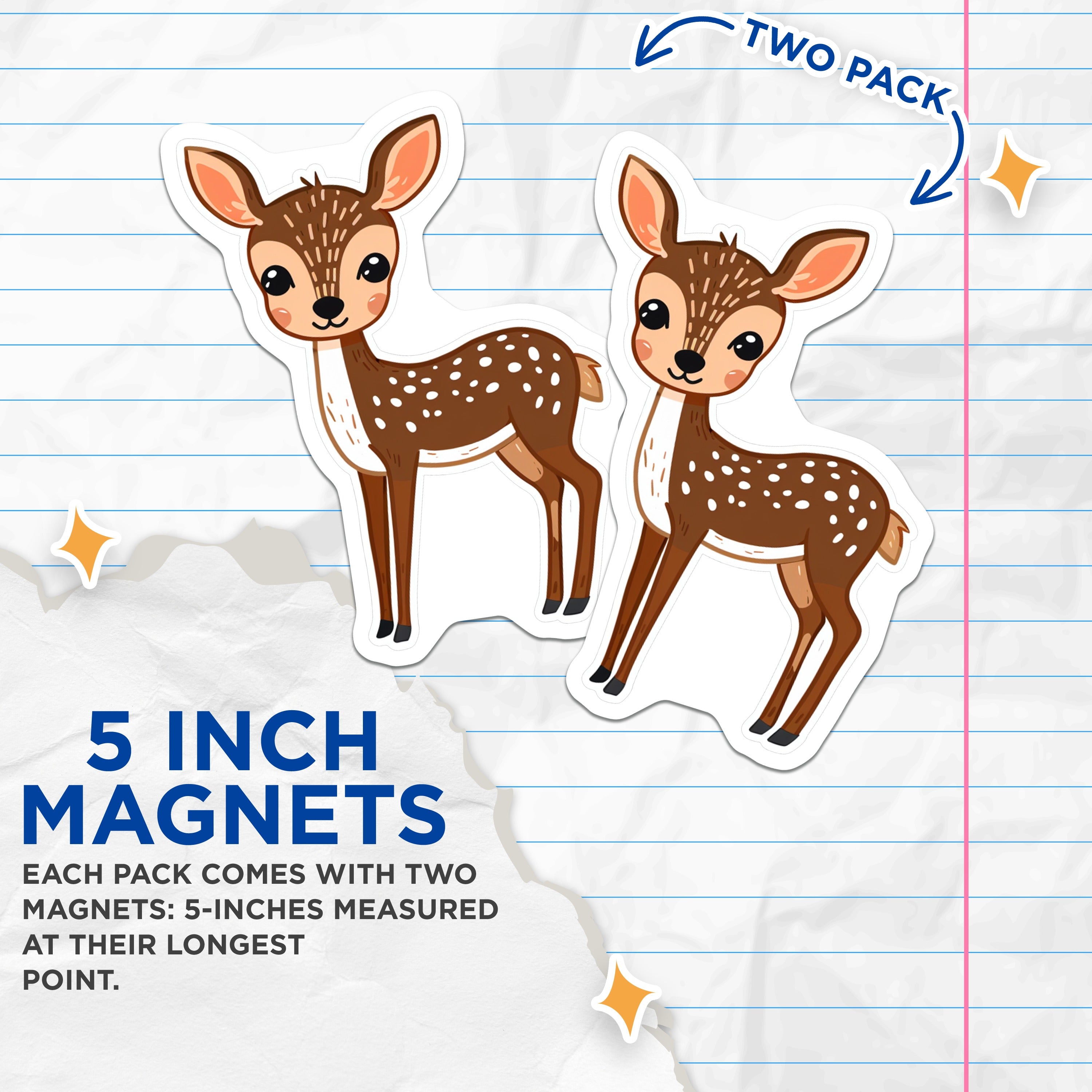 (2 Pack) Adorable Baby Deer Magnets - Woodland Animal Decor - Kawaii Fawn Fridge Magnets for Kids Room - 5 Inches On Longest Side - Thick Durable Magnet - Made in USA - MAG37530