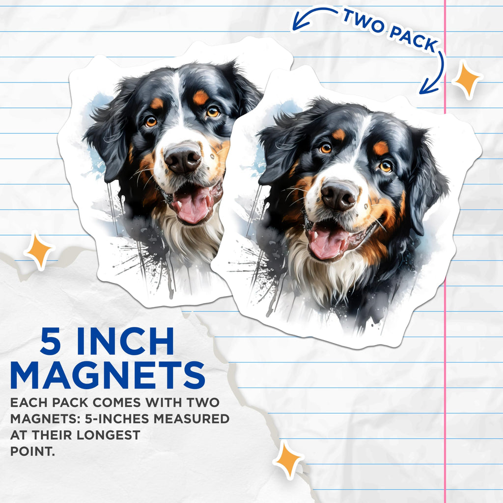 (2 Pack) Bernese Mountain Dog Magnets - Watercolor Dog Art - Pet Lover Home Decor - 5 Inches On Longest Side - Thick Durable Magnet - Made in USA - MAG29492