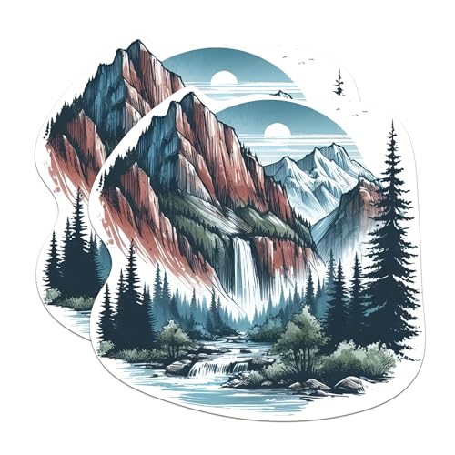 (2 Packs) Mountains Waterfall Stickers - Nature Outdoorsman Hiking Hiker Decals - 5 Inches On Longest Side - Premium Vinyl Decal - Sticks to Any Smooth Flat Surface - Made in USA - BMCS2287