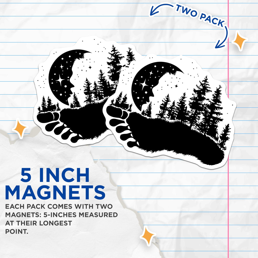 (2 Pack) Bigfoot Footprint Magnets - Pine Forest Night Sky - Cryptid Lore Souvenirs - 5 Inches On Longest Side - Thick Durable Magnet - Made in USA - MAG20929