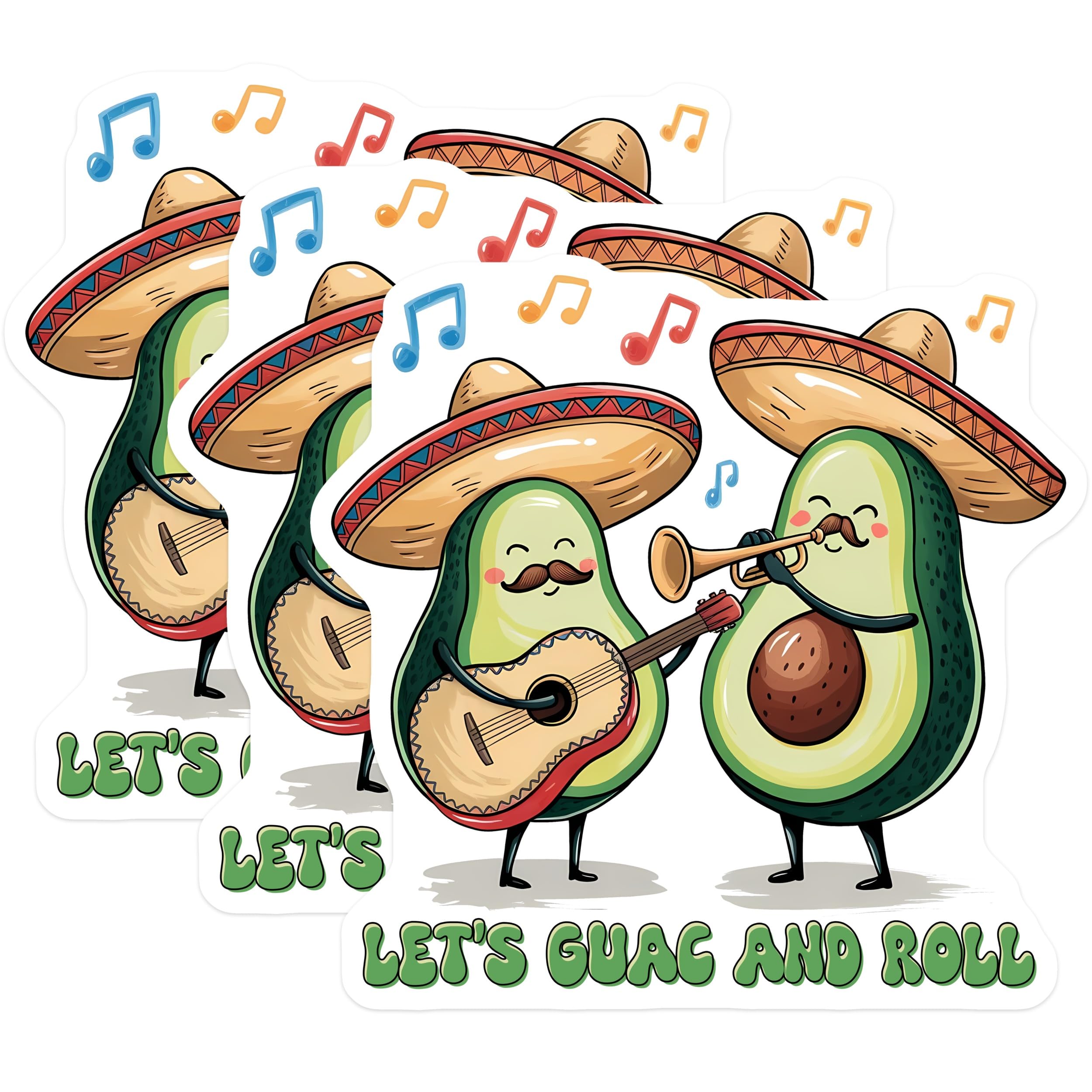 (3 Pack) Guac and Roll Decals - Avocado Musicians - Funny Laptop Decal - 3 Inches On Longest Side - Easy Peel & Apply - Made in USA - 3MCS7155