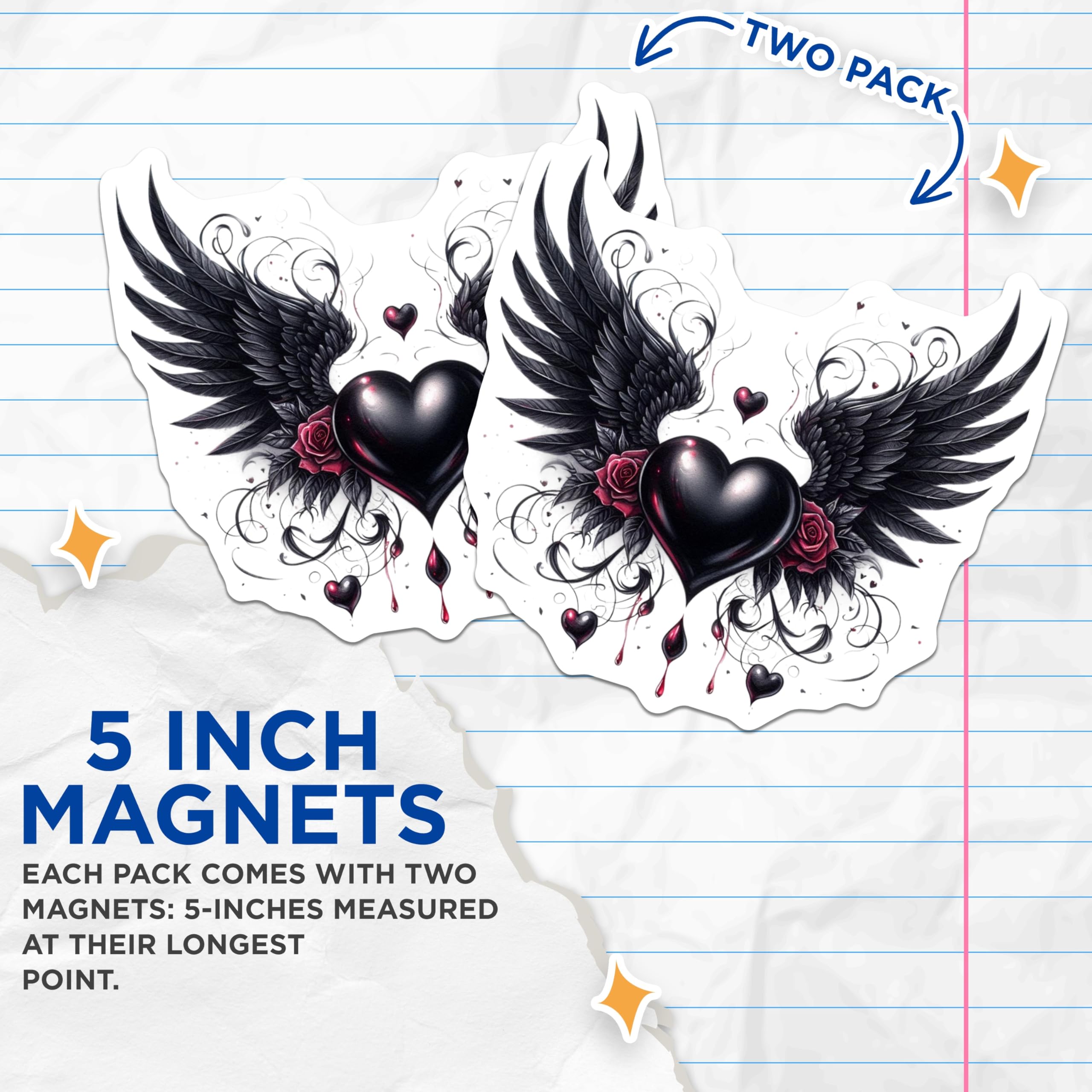 (2 Pack) Winged Heart Magnets - Gothic Romance Decor - Dark Heart Design - 5" On Longest Side - Premium Magnet - for Cars, Refrigerators, Toolboxes, Lockers - Made in USA - MAG16249