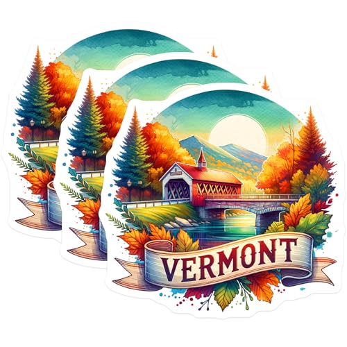 (3 Pack) Vermont Decals - Covered Bridge Sticker - Fall Foliage Art- 3 Inches On Longest Side - Easy Peel & Apply - Made in USA - 3MCS5782