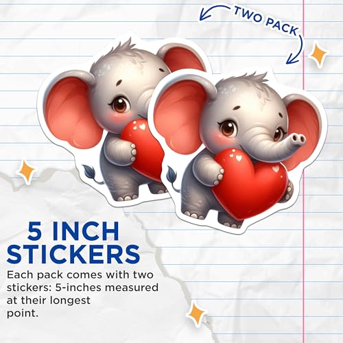 (2 Pack) Cute Elephant Heart Stickers - Adorable Animal Stickers - 5" On Longest Side - Sticks to Smooth Flat Surfaces - Made in USA - BMCS3696