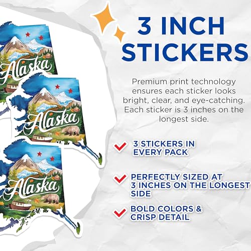 (3 Pack) Alaska Decals - State Pride - Laptop Decals - Travel Souvenir- 3 Inches On Longest Side - Easy Peel & Apply - Made in USA - 3MCS5036