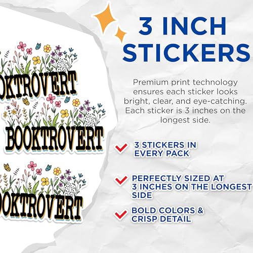 (3 Pack) Booktrovert Decals - Floral Reader Stickers - Book Lover Laptop Decals - 3 Inches On Longest Side - Easy Peel & Apply - Made in USA - 3MCS1659