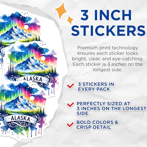 (3 Pack) Alaska Decals - Watercolor Art Stickers - Northern Lights Laptop Decals- 3 Inches On Longest Side - Easy Peel & Apply - Made in USA - 3MCS5570