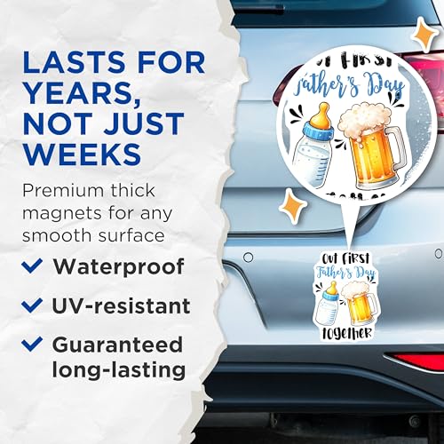 (2 Pack) Out First Father's Day Together Magnets - Dad's Day Celebration - Fun and Unique Decoration - 5" On Longest Side - for Cars, Fridges, Toolboxes - Made in USA - MAG7497