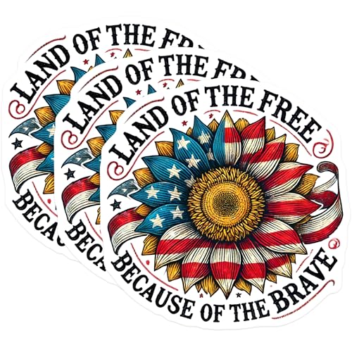 (3 Pack) Patriotic Sunflower Decals - American Flag Flower - Land of Free Brave Decal - 3 Inches On Longest Side - Easy Peel & Apply - Made in USA - 3MCS6628