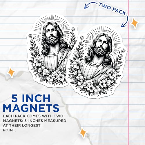 (2 Pack) Jesus with Flowers Magnets - Religious Home Decor - Inspirational Fridge Magnets - Christian Art - 5" On Longest Side - for Cars, Fridges, Toolboxes - Made in USA - MAG7312