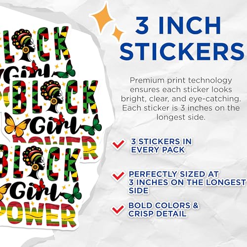(3 Pack) Black Girl Power Decals - Laptop Decal - African Pride Stickers - 3 Inches On Longest Side - Easy Peel & Apply - Made in USA - 3MCS6125