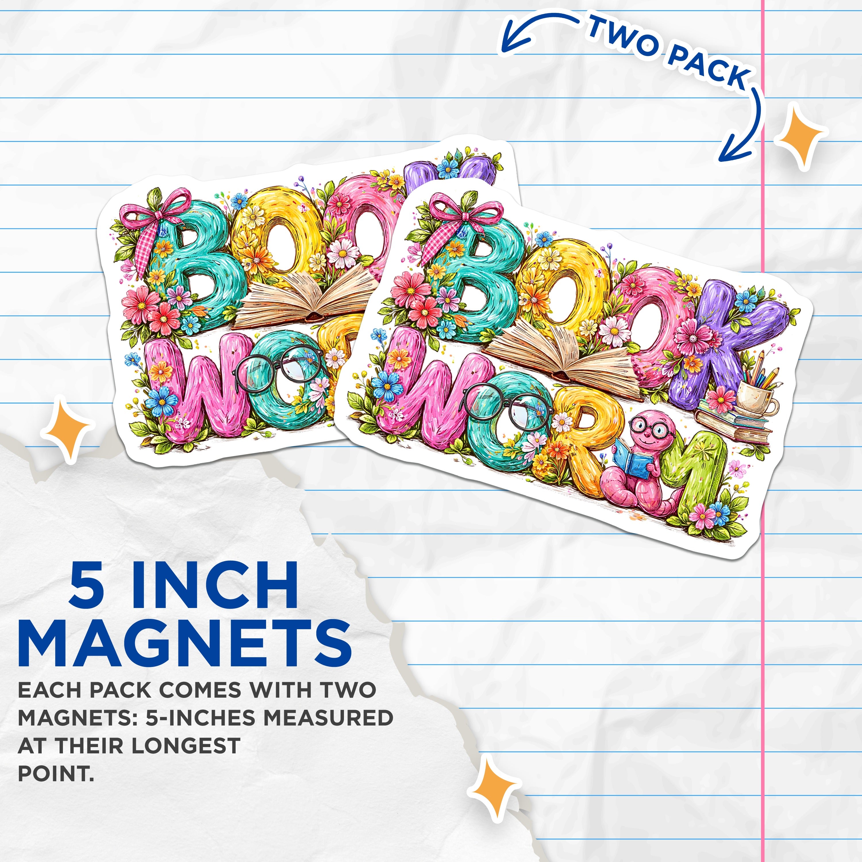 (2 Pack) Book Worm Magnets - Literature Enthusiast - Teacher Librarian Appreciation - Student Academic Decor - 5 Inches On Longest Side - Thick Durable Magnet - Made in USA - MAG39103