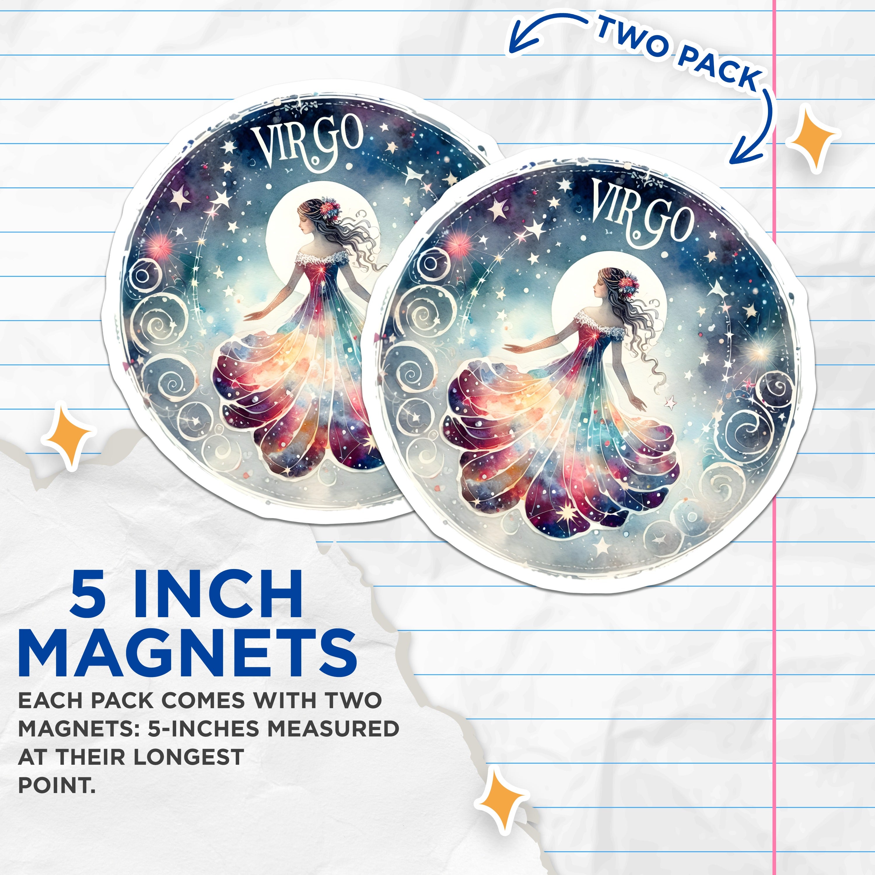 (2 Pack) Virgo Zodiac Magnets - Astrology Sign Decor - Cosmic Celestial Art - 5 Inches On Longest Side - Thick Durable Magnet - Made in USA - MAG38708