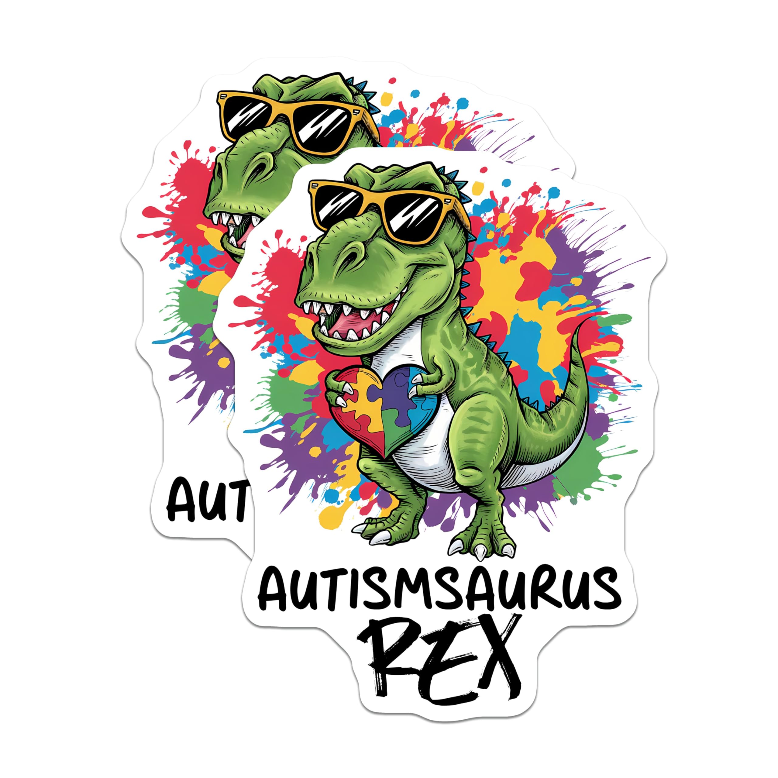 (2 Pack) Dinosaur Autism Awareness Stickers - Puzzle Piece Heart - Colorful Design - 5" On Longest Side - Sticks to Smooth Flat Surfaces - Made in USA - BMCS8421