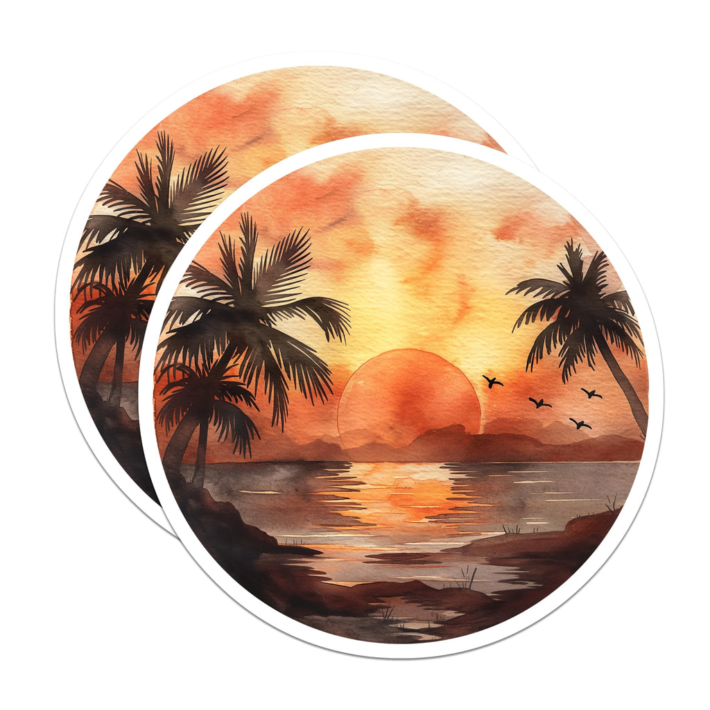 (2 Pack) Tropical Sunset Magnets - Watercolor Beach Scene - Palm Tree Ocean Art - Coastal Home Decor - Summer Vacation Vibe - 5 Inches On Longest Side - Thick Durable Magnet - Made in USA - MAG19644