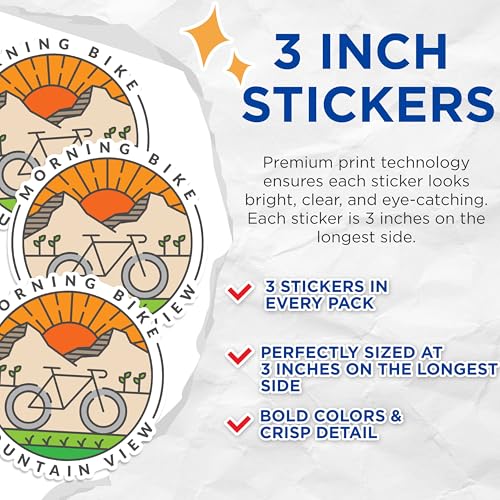 (3 Pack) Mountain Bike Decals - Morning Ride - Laptop Decals - 3 Inches On Longest Side - Easy Peel & Apply - Made in USA - 3MCS1235