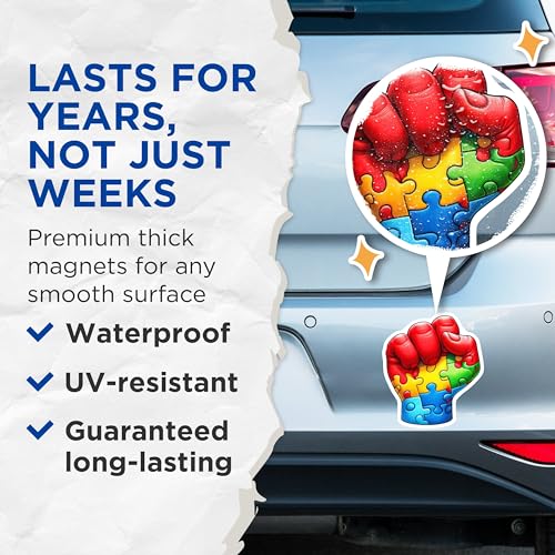 (2 Pack) Autism Awareness Fist Magnets - Puzzle Piece Raised Fist - Advocacy Decor - Symbol of Unity - 5" On Longest Side - for Cars, Fridges, Toolboxes - Made in USA - MAG7097