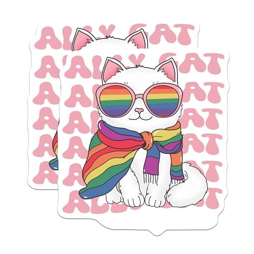 (2 Pack) Ally Cat Stickers - LGBTQ Pride Cat - Rainbow Cat Stickers - 5" On Longest Side - Sticks to Smooth Flat Surfaces - Made in USA - BMCS6839