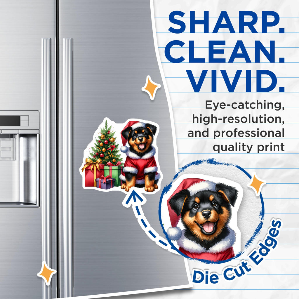 (2 Pack) Christmas Puppy Magnets - Santa Dog Holiday Decor - Cute Rottie Pet Lover Seasonal Kitchen Fridge Accent - 5 Inches On Longest Side - Thick Durable Magnet - Made in USA - MAG26107
