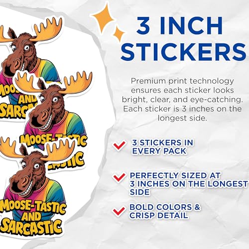 (3 Pack) Funny Moose Decals - Sarcastic Moose-Tastic - Rainbow T Shirt Moose Decals - 3 Inches On Longest Side - Easy Peel & Apply - Made in USA - 3MCS0902
