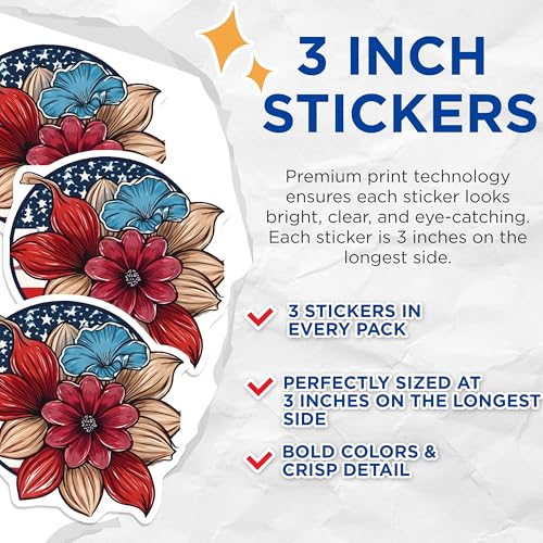 (3 Pack) Patriotic Flower Decals - USA Flag Floral - Laptop Water Bottle Decals - 3 Inches On Longest Side - Easy Peel & Apply - Made in USA - 3MCS7749