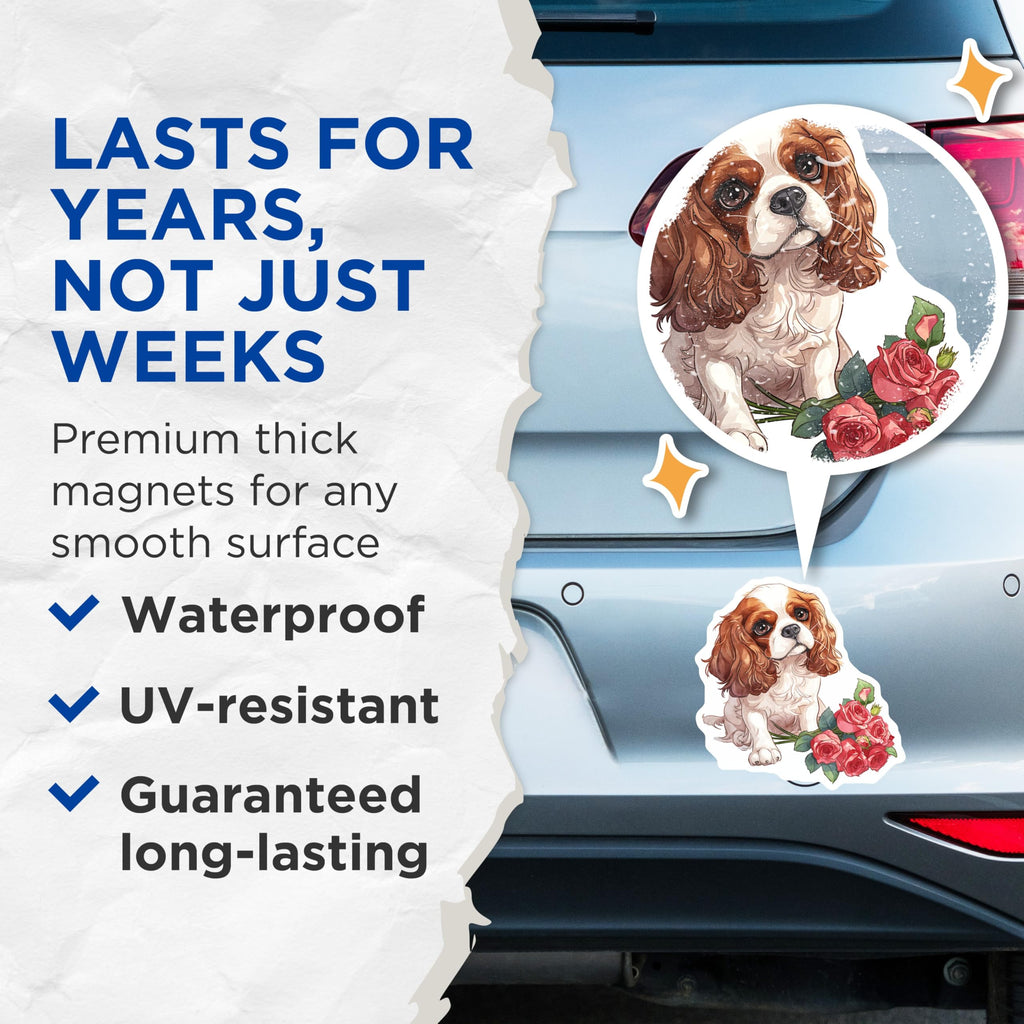(2 Pack) Cavalier King Spaniel Magnets - Dog with Roses Decor - Cute Puppy Magnets - 5" On Longest Side - Premium Magnet - for Cars, Refrigerators, Toolboxes, Lockers - Made in USA - MAG16953