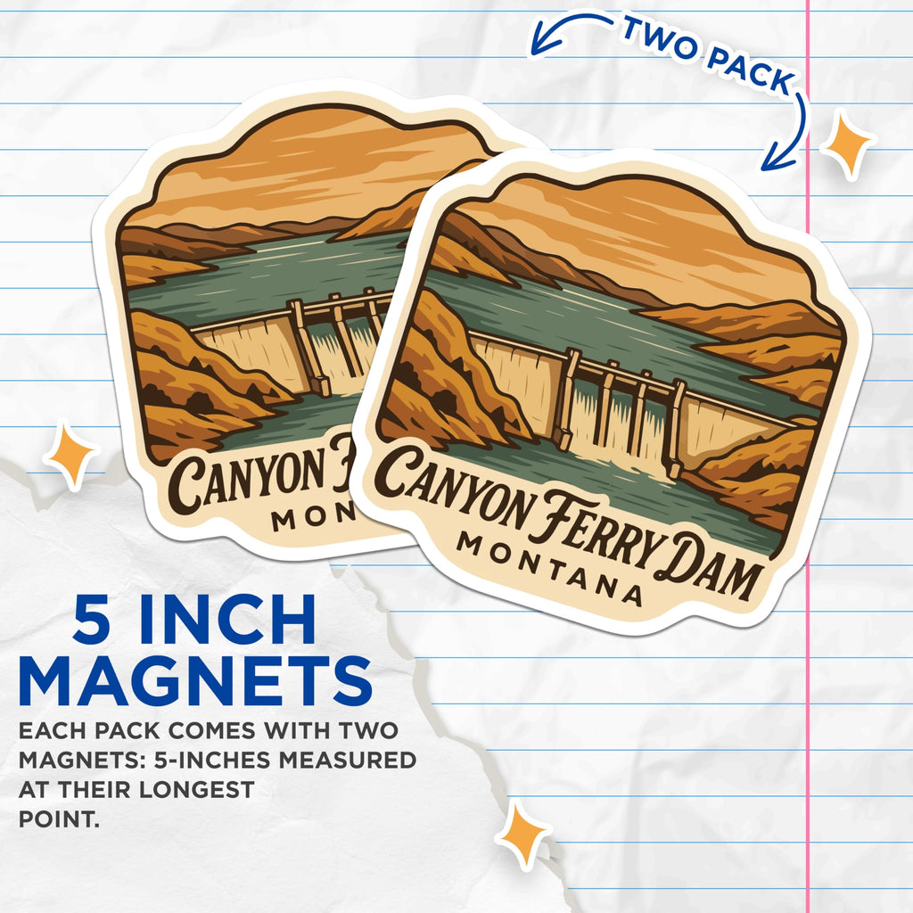 (2 Pack) Canyon Ferry Dam Magnets - Montana Lake Reservoir Scenery - Vintage Travel Illustration Art - USA State Landmark - 5 Inches On Longest Side - Thick Durable Magnet - Made in USA - MAG20127