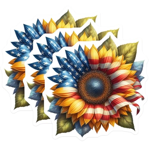 (3 Pack) American Sunflower Decals - Patriotic Flower Art - USA Flag Stickers - 3 Inches On Longest Side - Easy Peel & Apply - Made in USA - 3MCS4101
