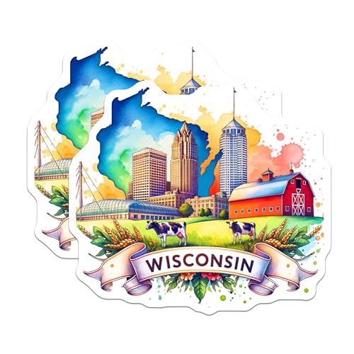 (2 Pack) Wisconsin State Stickers - Watercolor Cityscape - Farm Scene with Cows - Colorful Landmark Artwork - 5" On Longest Side - Sticks to Smooth Flat Surfaces - Made in USA - BMCS6485
