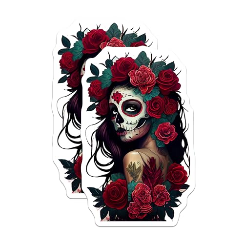 (2 Pack) Sugar Skull Stickers - Day of The Dead Art - Floral Skull Tattoo Sticker - 5" On Longest Side - Sticks to Smooth Flat Surfaces - Made in USA - BMCS9202 - BMCS9202