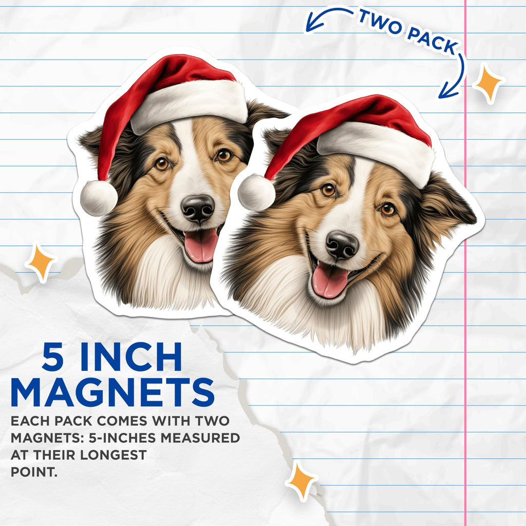(2 Pack) Christmas Dog Magnets - Santa Hat Collie Decor - Holiday Pet Refrigerator Art - 5 Inches On Longest Side - Thick Durable Magnet - Made in USA - MAG28747