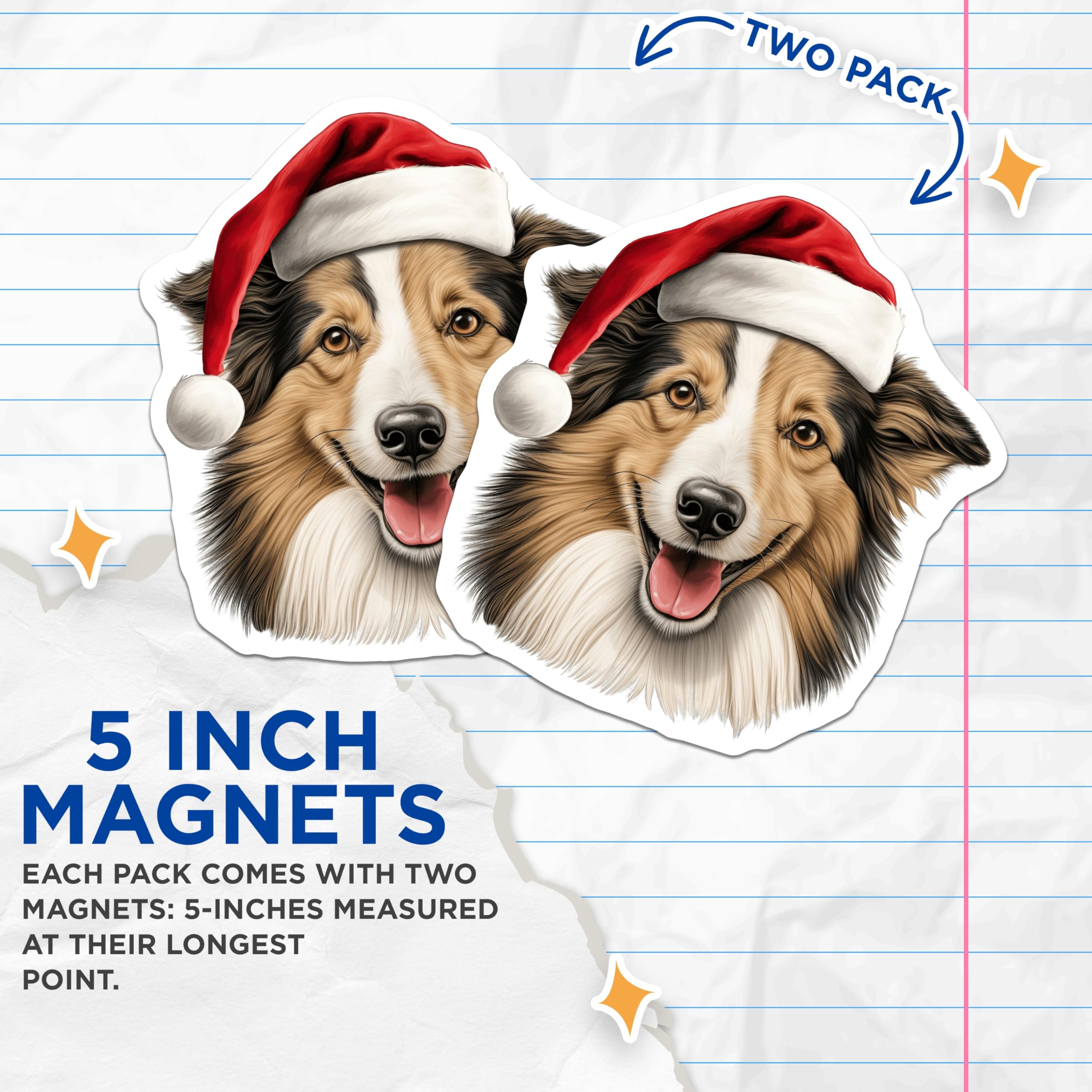 (2 Pack) Christmas Dog Magnets - Santa Hat Collie Decor - Holiday Pet Refrigerator Art - 5 Inches On Longest Side - Thick Durable Magnet - Made in USA - MAG28747
