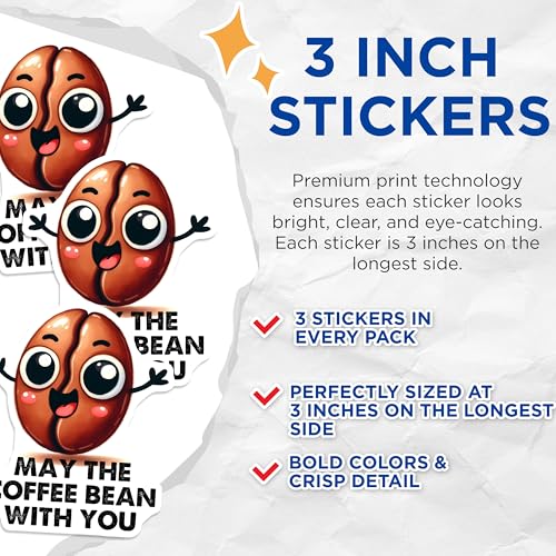 (3 Pack) Coffee Bean Decals - May The Coffee Be with You - Laptop Decals - 3 Inches On Longest Side - Easy Peel & Apply - Made in USA - 3MCS2077
