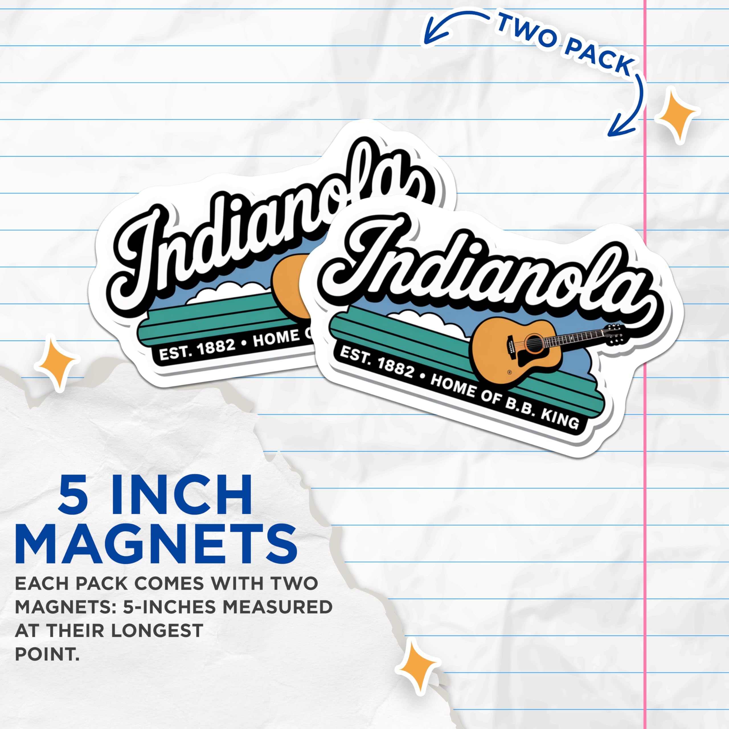 (2 Pack) Indianola Mississippi Magnets - Home of BB King - Acoustic Guitar Fridge Decor - 5" On Longest Side - Premium Magnet - for Cars, Refrigerators, Toolboxes, Lockers - Made in USA - MAG17814
