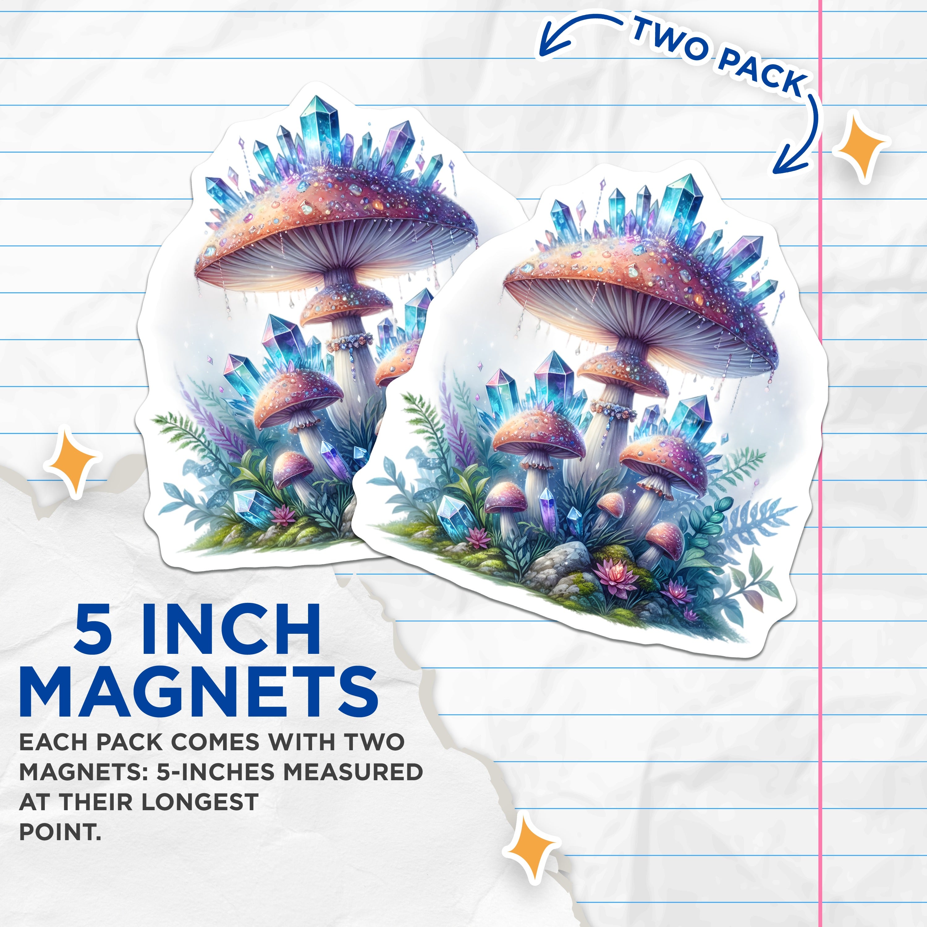 (2 Pack) Crystal Mushroom Magnets - Fairycore Decor - Mystical Forest Refrigerator Art - 5 Inches On Longest Side - Thick Durable Magnet - Made in USA - MAG36838
